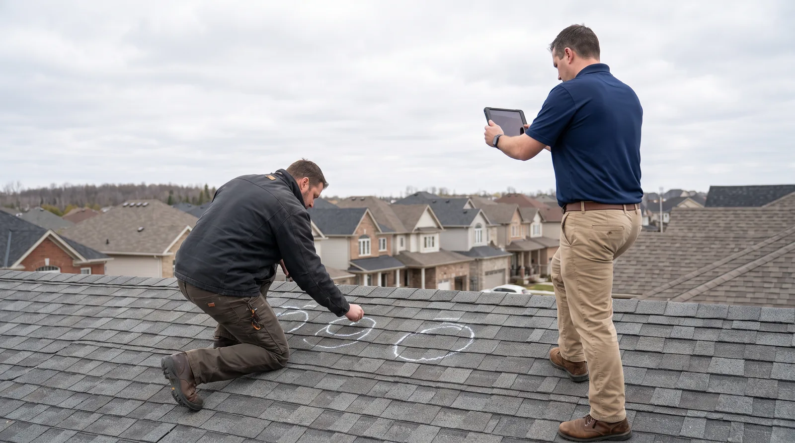 Roofing contractor and an insurance adjuster on a shingle roof marking hail hits with chalk and photographing them