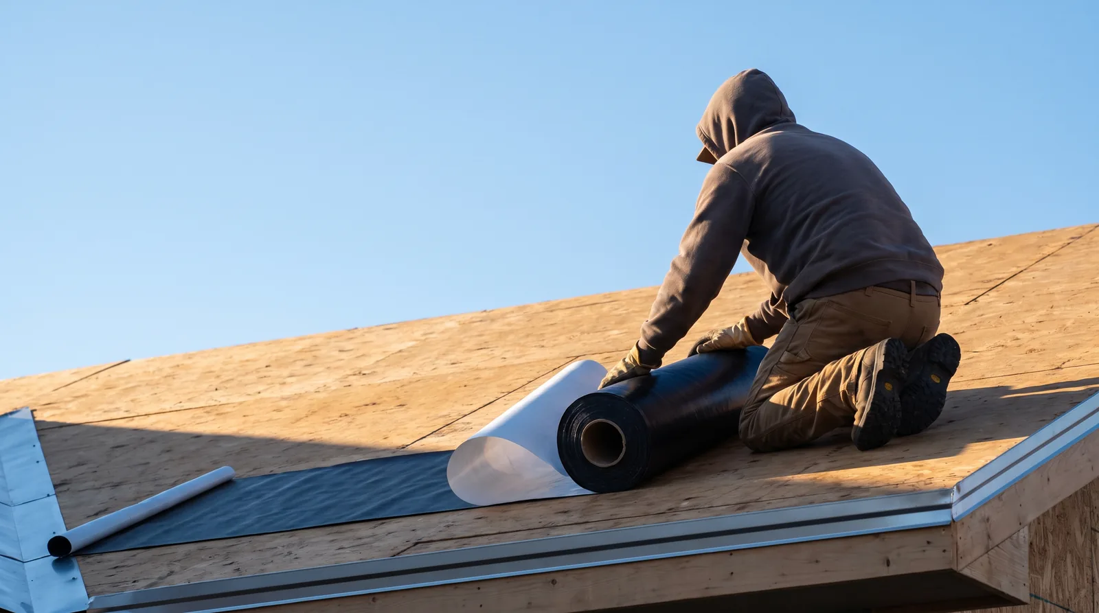 Self-adhering ice-and-water barrier membrane rolled along the eave of a bare plywood roof deck before underlayment