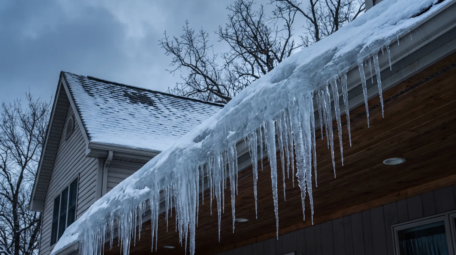 Thick ice dam and long icicles built up along the gutter and eave of a home after a Kansas freeze-thaw cycle