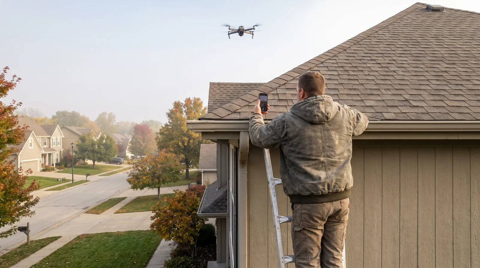 Inspector at the eave of a home photographing shingles from a ladder while a drone hovers above the ridge